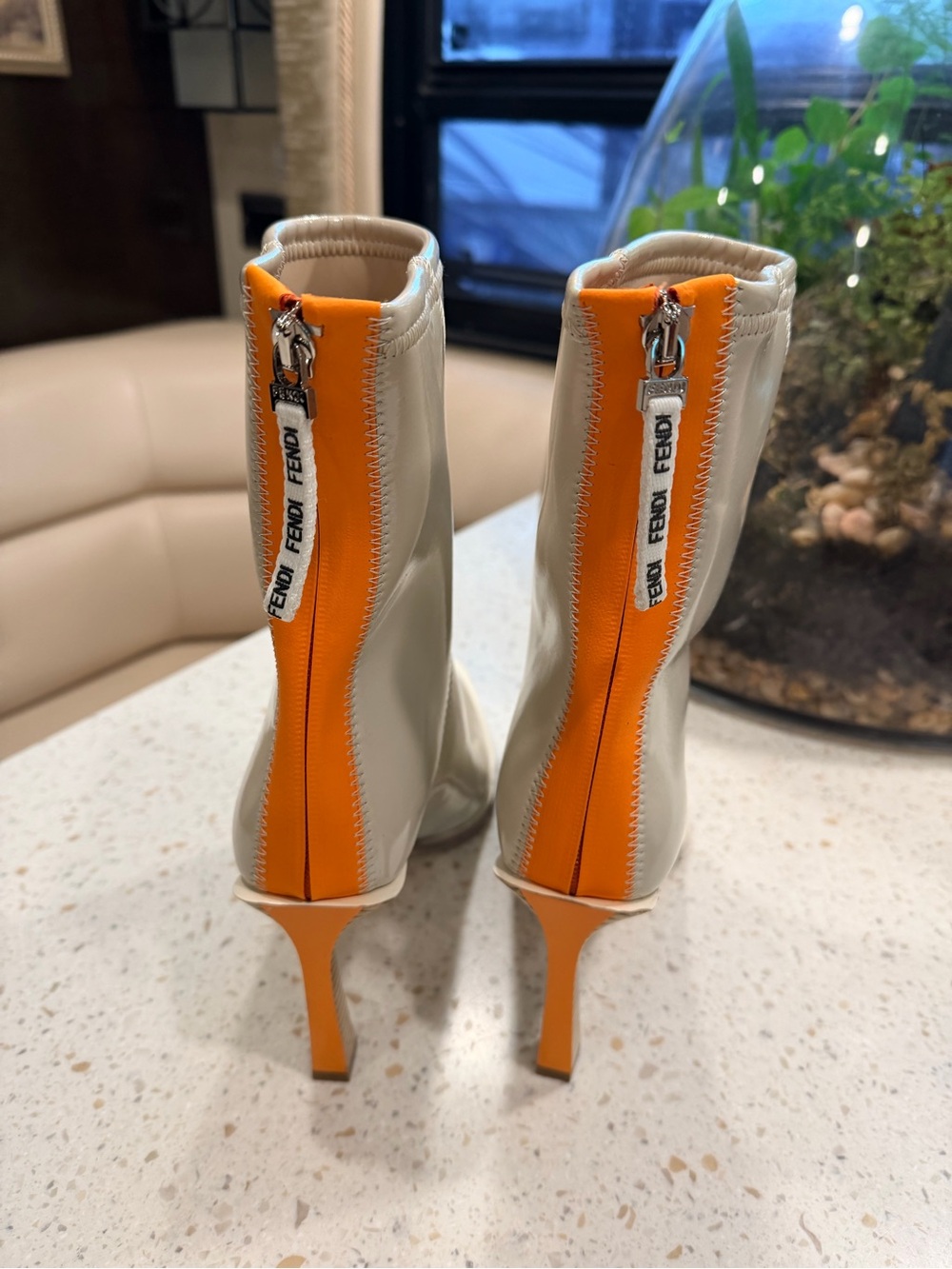 Fendi Patent Mid-Calf Pointed Toe Boots in Cream with Orange Zip - Picture 3 of 8